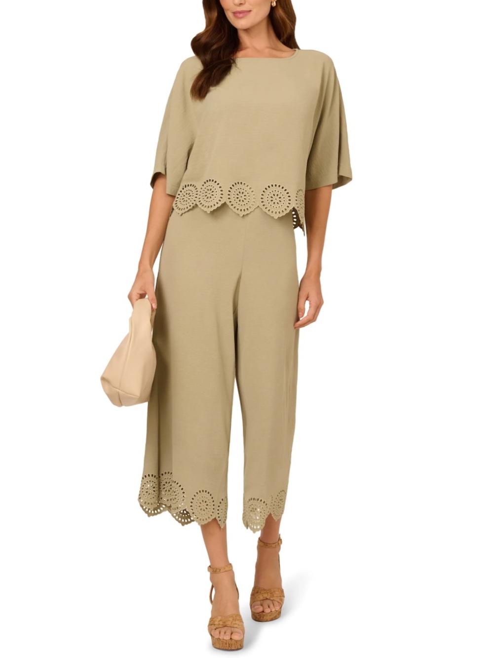 Adrianna Papell Tan Green Wide-Leg Embroidered Jumpsuit
